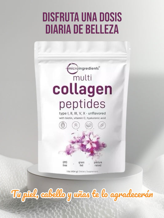 Polvo de péptidos de colágeno, multicomponentes y microingredientes: péptidos de proteína hidrolizada (tipo I, II, III, V, X) con ácido hialurónico, biotina y vitamina C, sin sabor